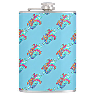 Neon Aqua Anatomical Heart Patterned Vinyl Flask