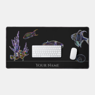 Neon aquarium black with clownfish and marine fish desk mat