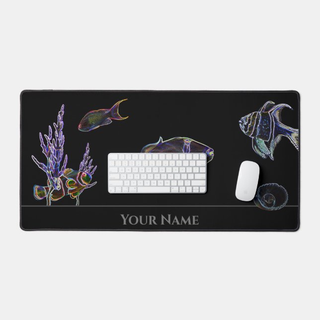 Neon aquarium black with clownfish and marine fish desk mat (Keyboard & Mouse)
