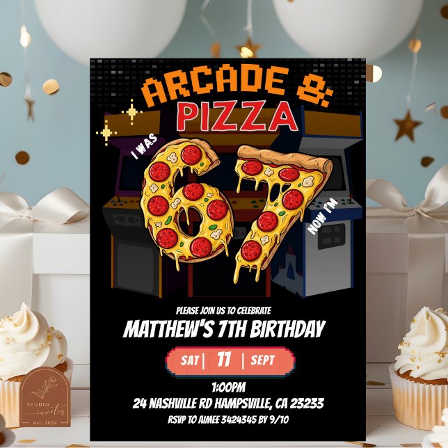 Neon Arcade and Pizza 67 Birthday party invitation (Creator Uploaded)