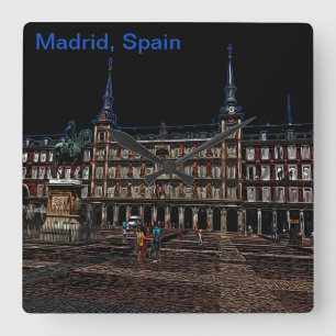 Neon Art of a plaza in Madrid, Spain Square Wall Clock