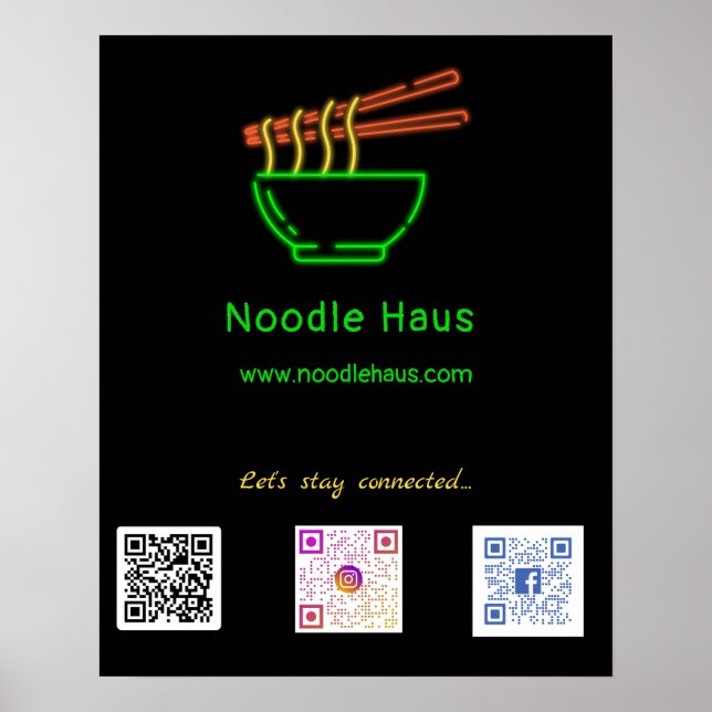 Neon Asian Noodle Bowl Social Media QR Codes   Poster (Front)