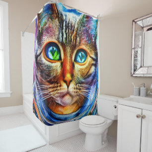 Neon Astronaut Cat Shower Curtain