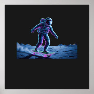 Neon Astronaut Skateboarding on the Moon Poster