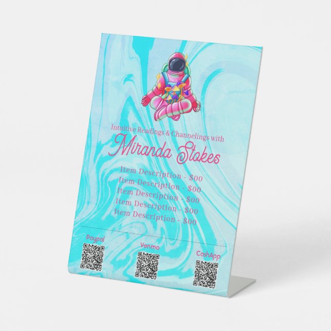 Neon Astronaut Space Pink & Blue Tarot Price List Pedestal Sign (Front)