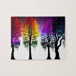 Neon Autumn Foliage on Black Silhouette Trees Jigsaw Puzzle