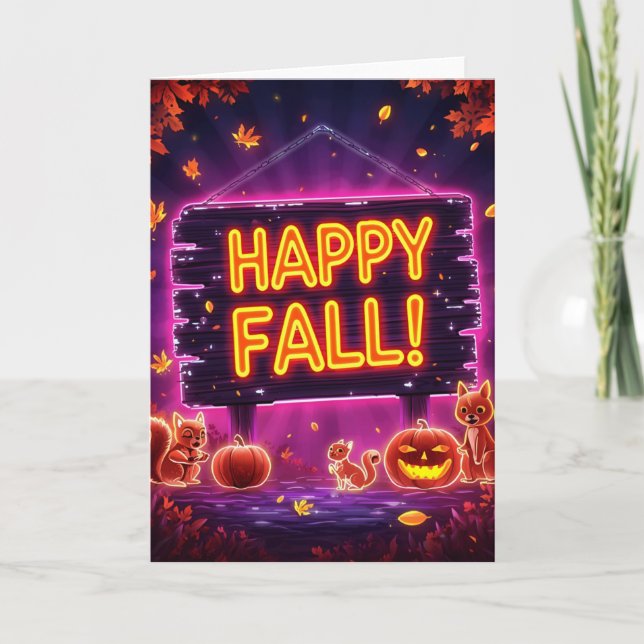 Neon Autumn Greeting Card 5x7 – Happy Fall Leaves (Front)
