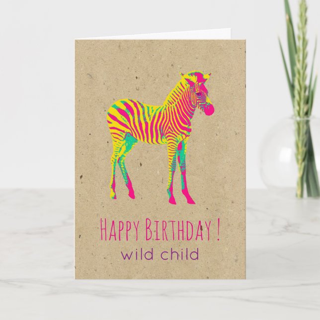 Neon Baby Zebra Psychedelic Funky Retro Birthday Card (Front)