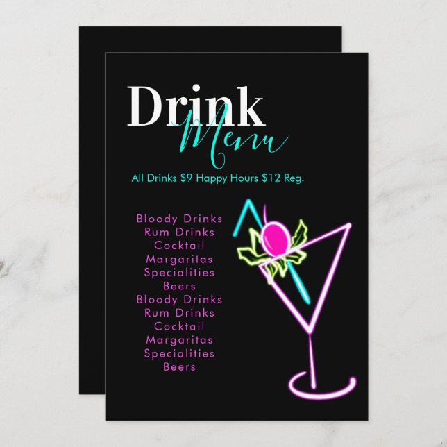 Neon Bar Club Restaurant Drink Menu (Front/Back)