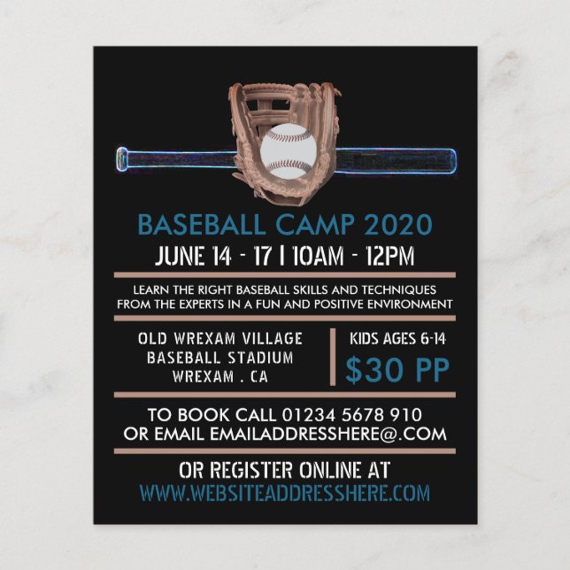 Neon Baseball Bat & Gear, Baseball Camp Advert Flyer (Front)