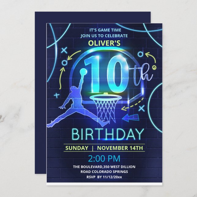 Neon Basketball Birthday Invitation  (Front/Back)