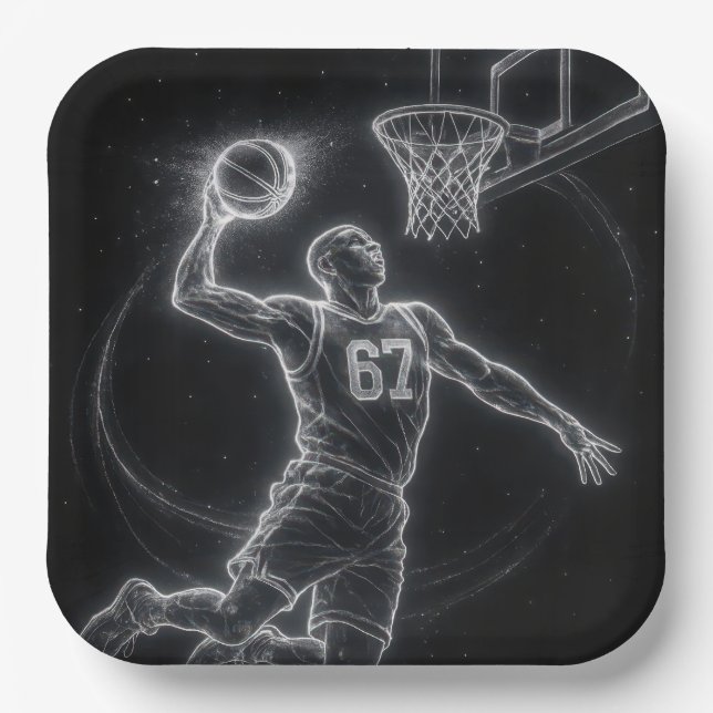 Neon Basketball Player Number 67 Paper Plate (Front)