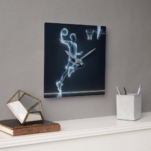 Neon Basketball Player With Light Trails Square Wall Clock