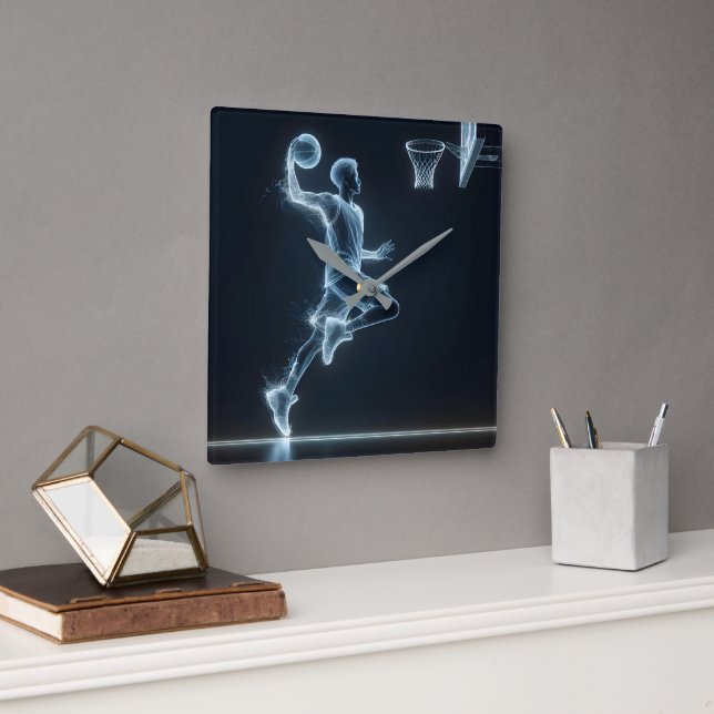 Neon Basketball Player With Light Trails Square Wall Clock (Office)