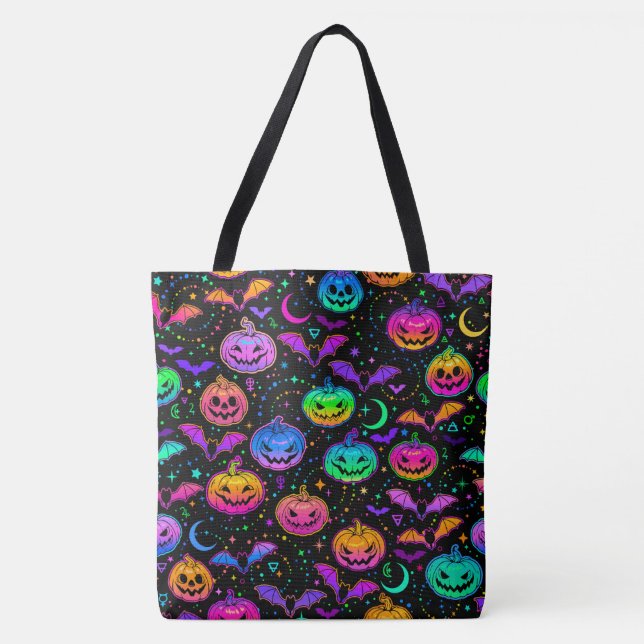 Neon Bats Pumpkins and Jack-o-Lanterns  Tote Bag (Front)