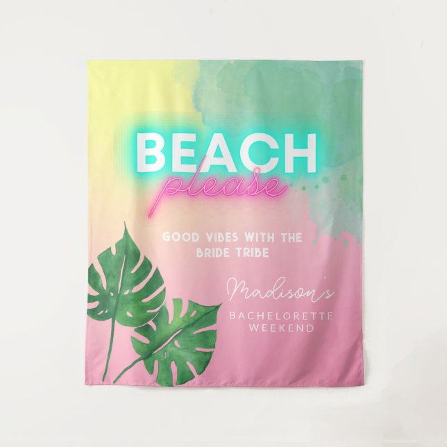 Neon Beach Please Bachelorette Pink Gradient Palm Tapestry (Front)