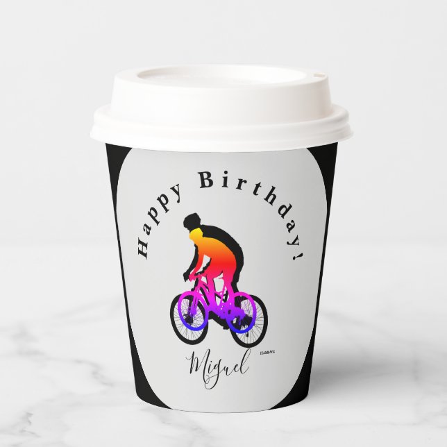 Neon Bicycle Rider Happy Birthday Paper Cups (Front)