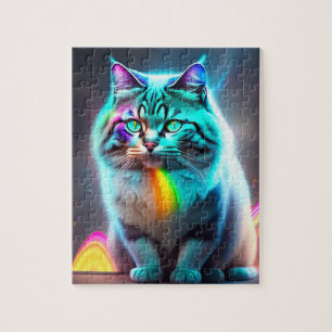 Neon Big Cat With Rainbow Colours, Colourful Cat Jigsaw Puzzle