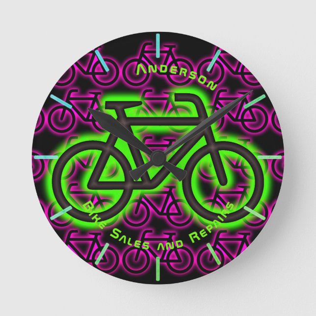 Neon BIKE Shop Repairs Personalised Wall Round Clock (Front)