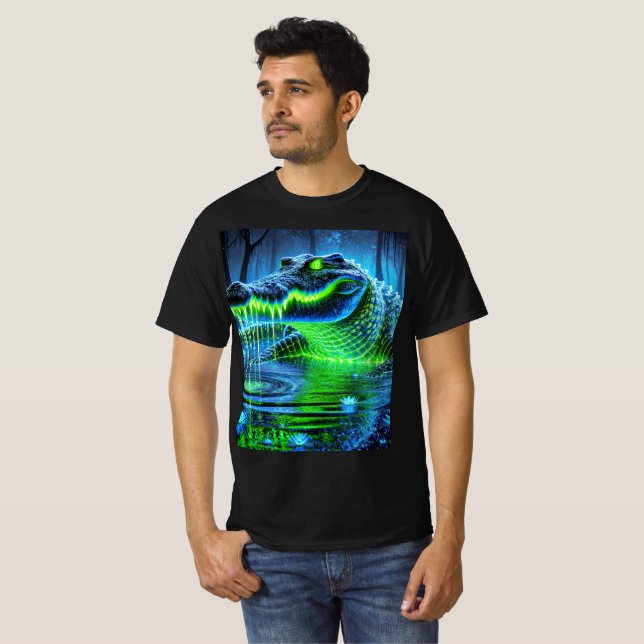 Neon Bioluminescent Crocodile T-Shirt Design. (Front Full)