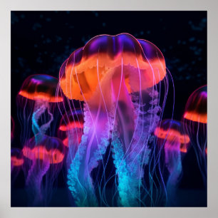 Neon Bioluminescent Glow Jellyfish Poster