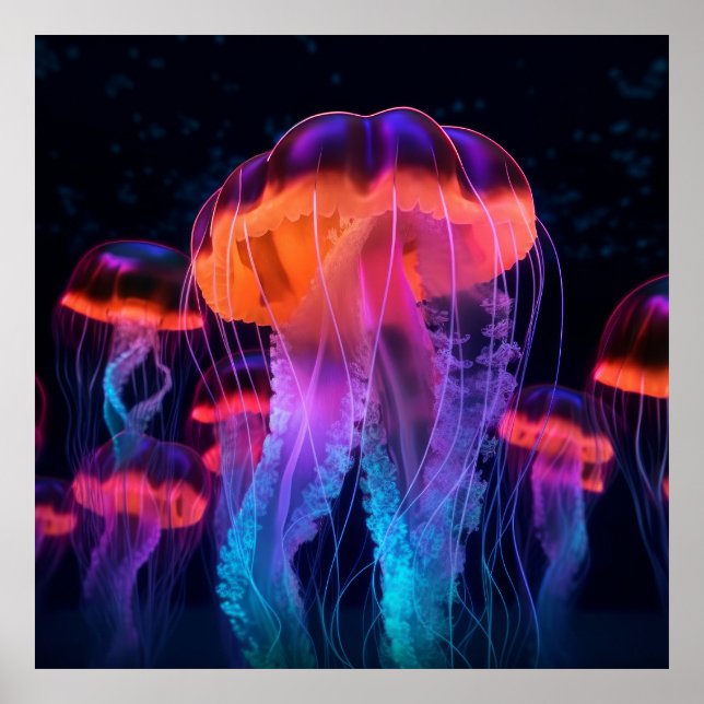 Neon Bioluminescent Glow Jellyfish Poster (Front)