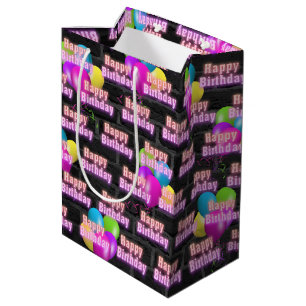 Neon Birthday and Balloons on Brick Medium Gift Ba Bag