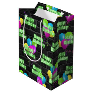 Neon Birthday and Balloons on Brick Medium Gift Bag