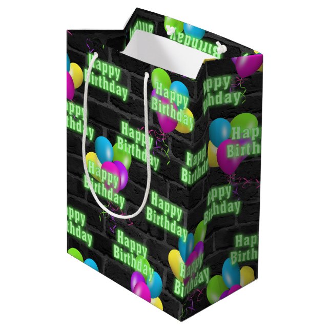Neon Birthday and Balloons on Brick Medium Gift Bag (Back Angled)