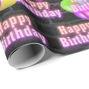 Neon Birthday and Balloons on Brick Wrapping Paper