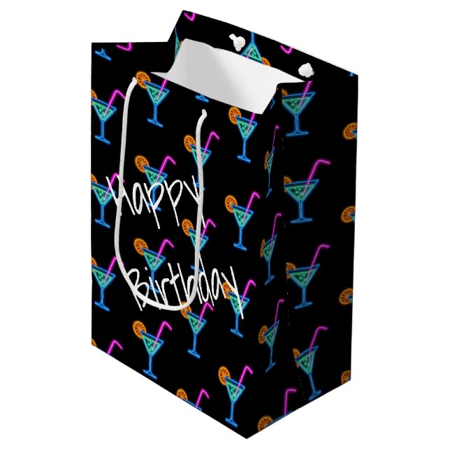 Neon Birthday Cocktail On Black Medium Gift Bag (Front Angled)