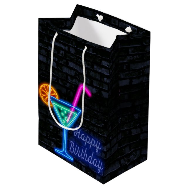 Neon Birthday Cocktail On Brick Medium Gift Bag (Front Angled)