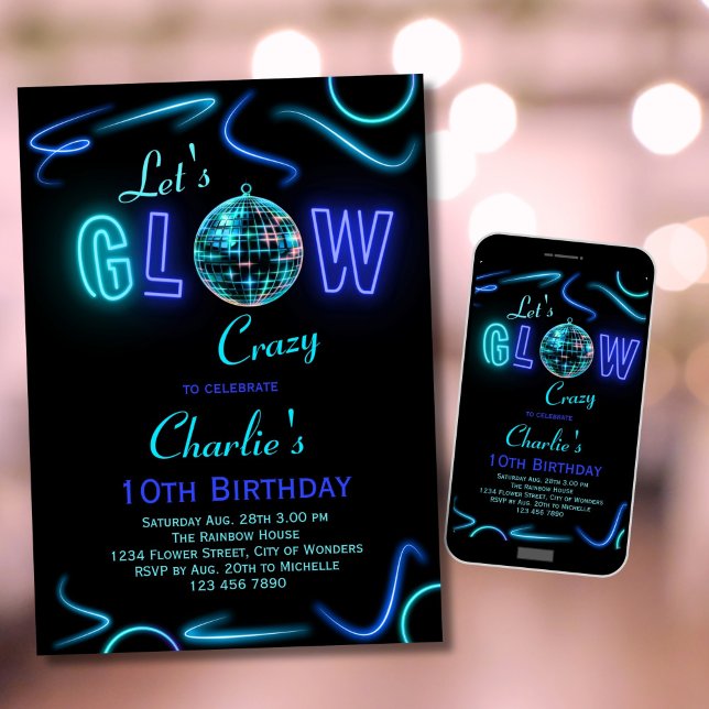 Neon Birthday Invitation Boys Let's Glow Crazy (Creator Uploaded)