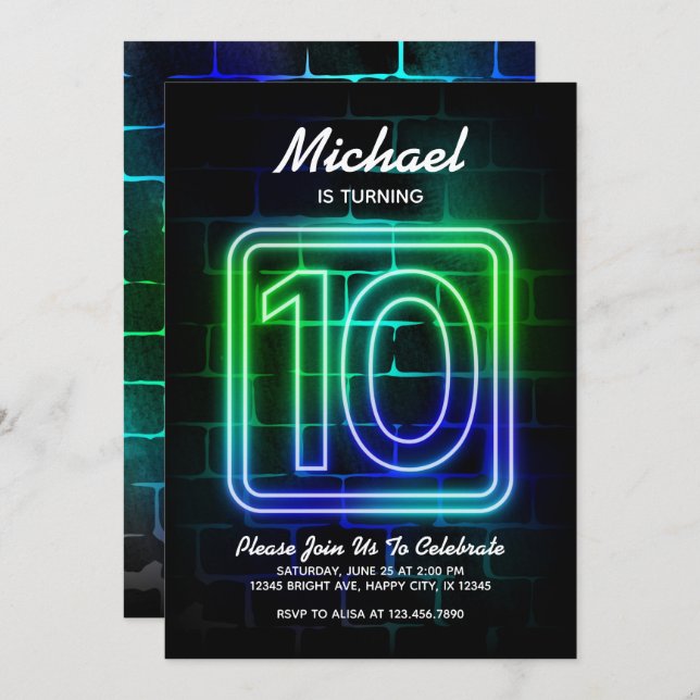 Neon Birthday invitation for Boy 10th Birthday (Front/Back)