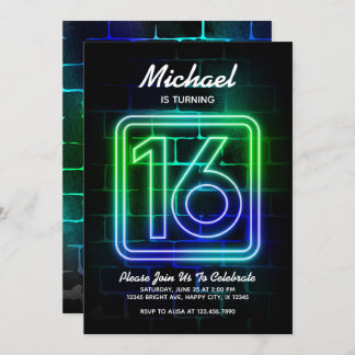 Neon Birthday invitation for Boy 16th Birthday