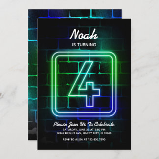 Neon Birthday invitation for Boy 4th Birthday