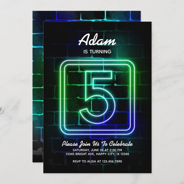 Neon Birthday invitation for Boy 5th Birthday (Front/Back)