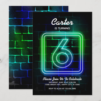 Neon Birthday invitation for Boy 6th Birthday