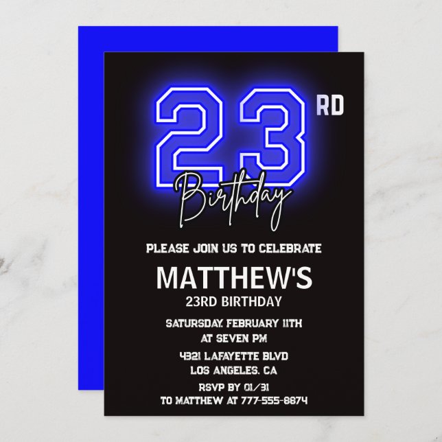  Neon Black 23rd birthday invitations Men Sport (Front/Back)