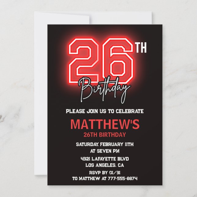 Neon Black 26th birthday invitation Men birthday (Front)