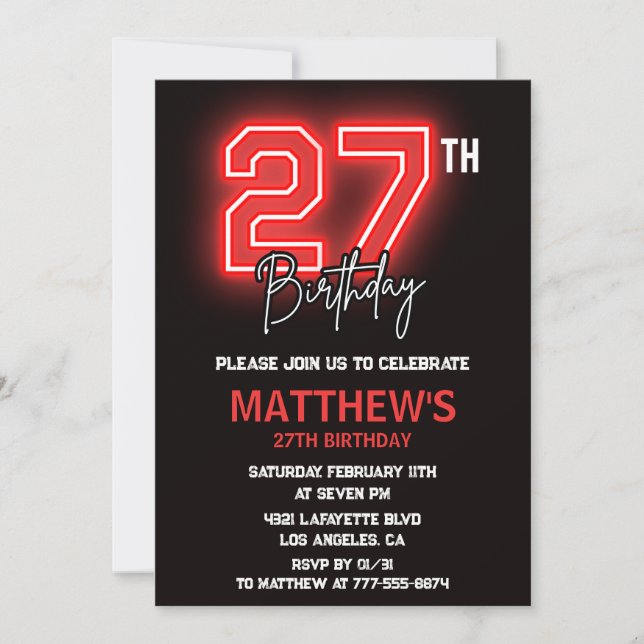 Neon Black 27th birthday invitation Men birthday (Front)
