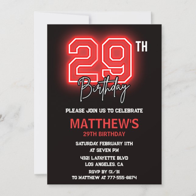 Neon Black 29th birthday invitation Men birthday (Front)