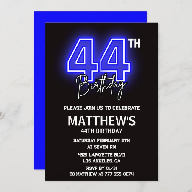 Neon Black 44th birthday invitations Men Sport (Front/Back)