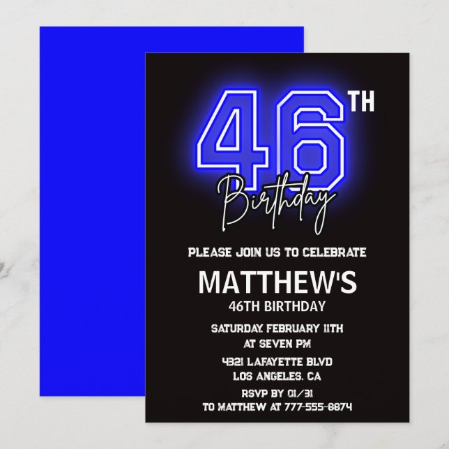 Neon Black 46th birthday invitations Men Sport (Front/Back)