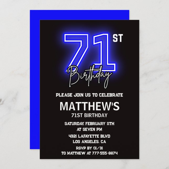Neon Black 71st birthday invitations Men Sport (Front/Back)
