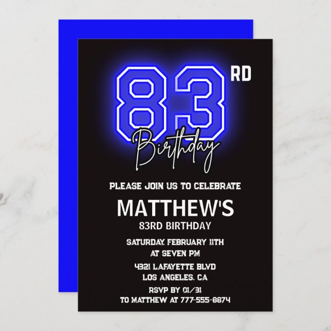 Neon Black 83rd birthday invitations Men Sport (Front/Back)