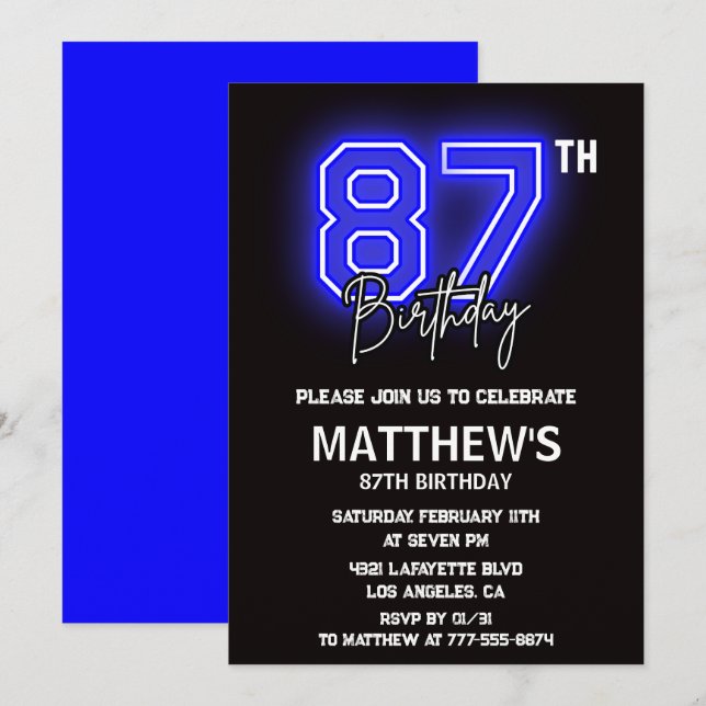 Neon Black 87th birthday invitations Men Sport (Front/Back)