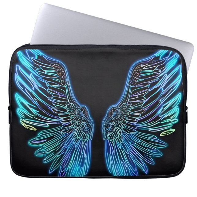 Neon Black and Blue Angel Wings Laptop Sleeve (Front)