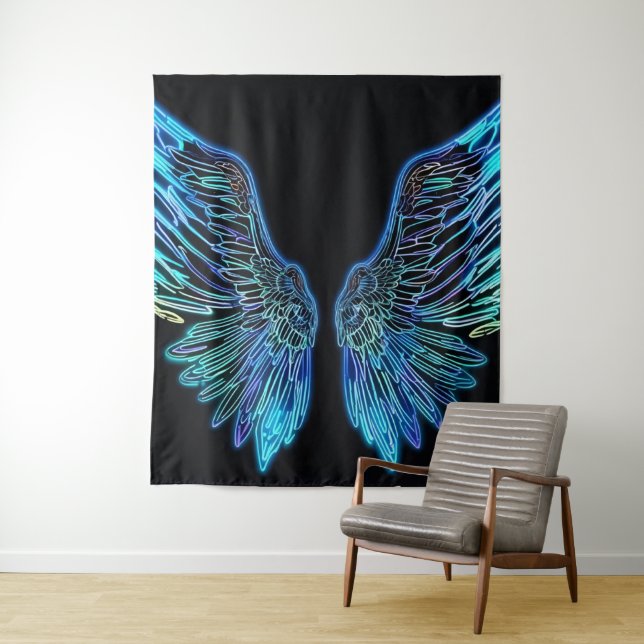 Neon Black and Blue Angle Wings Tapestry (In Situ)