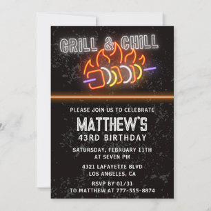 Neon Black Bbq Grill and Chill 43rd birthday Invitation